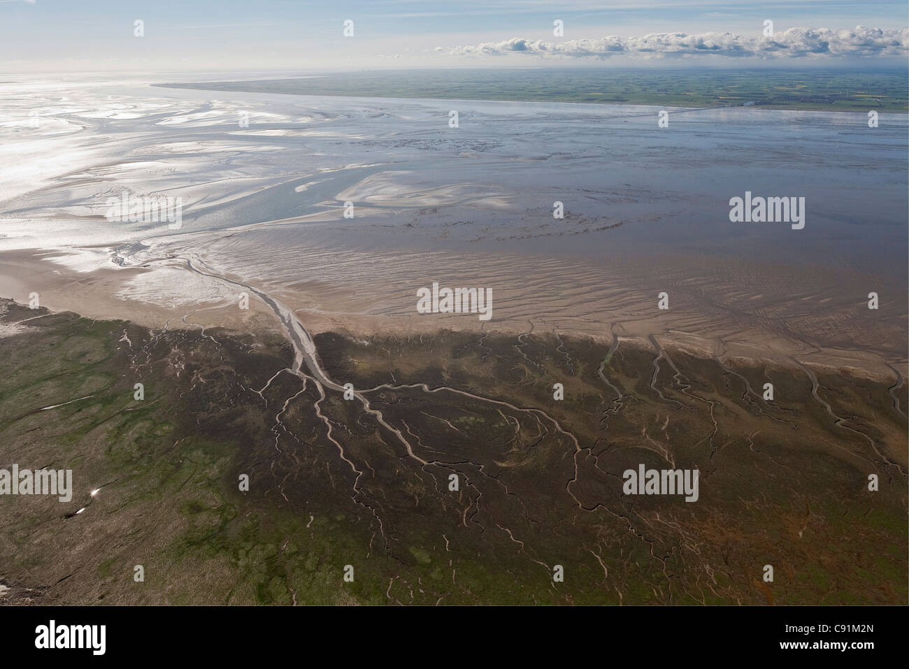 Aerial of tidal inlets in mudflats, Wadden Sea, Lower Saxony, Germany Stock Photo