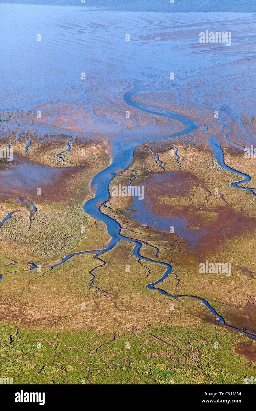Aerial of tidal inlet in mudflats, Wadden Sea, Lower Saxony, Germany Stock Photo