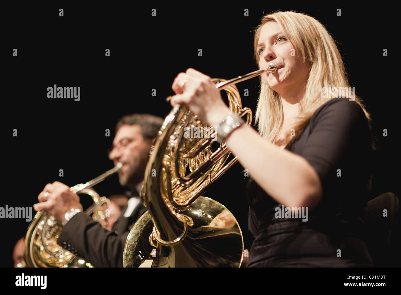French horn players in orchestra Stock Photo Alamy