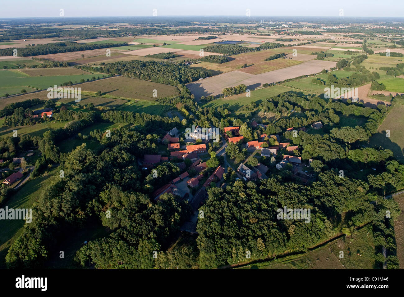 Aerial of a round village, Luebeln in Wendland, Lower Saxony, Germany Stock Photo