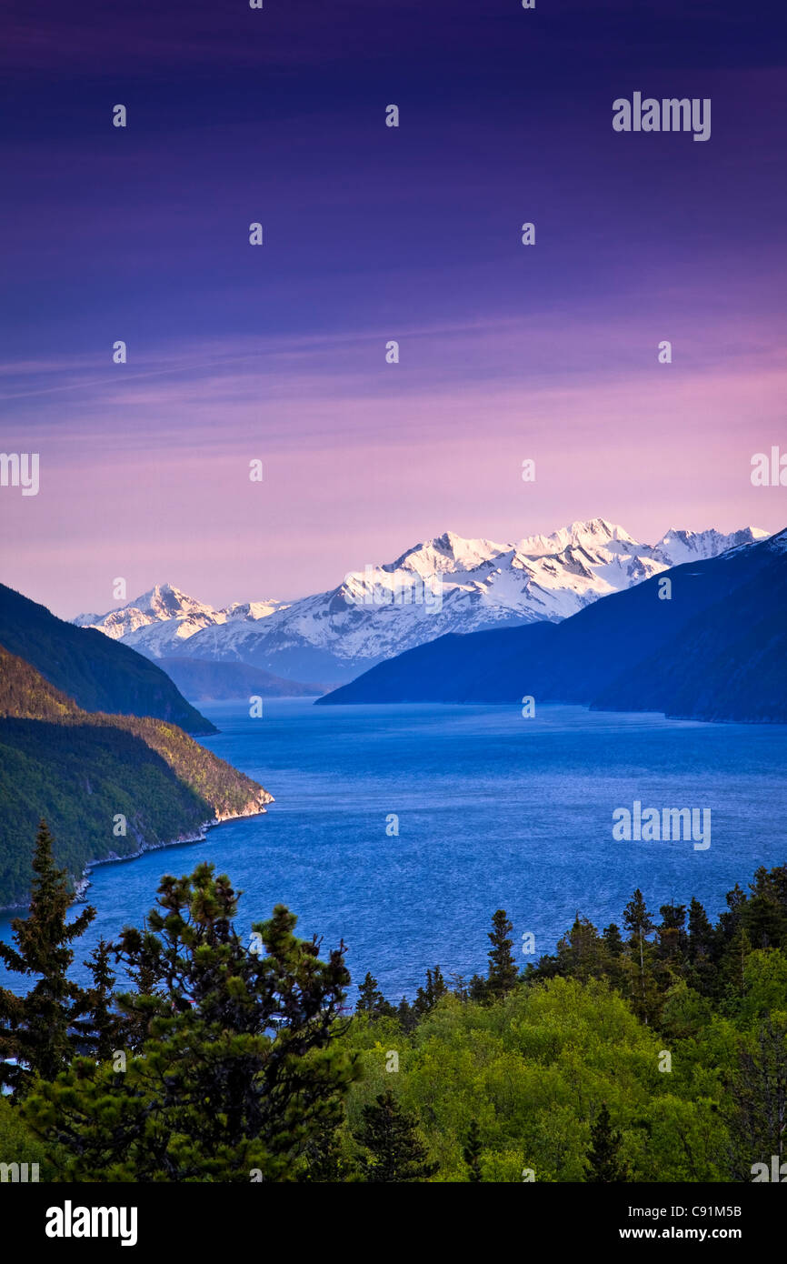 Scenic view of Lynn Canal and the Chilkat Mountains near Skagway at sunset, Southeast Alaska, Summer Stock Photo