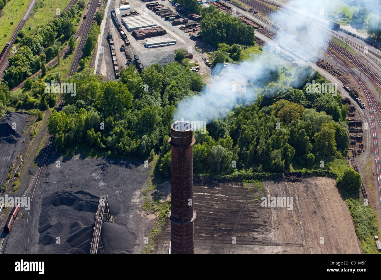Aerial of a smoking chimney, Salzgitter Steelworks, Lower Saxony, Germany Stock Photo