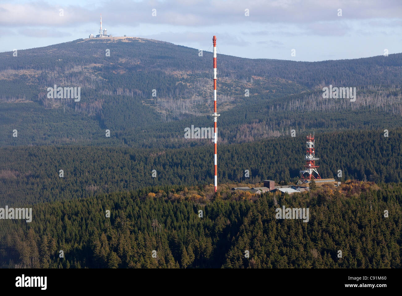 Aerial of the Brocken mountain, transmitter mast, forest, Lower Saxony, Germany Stock Photo