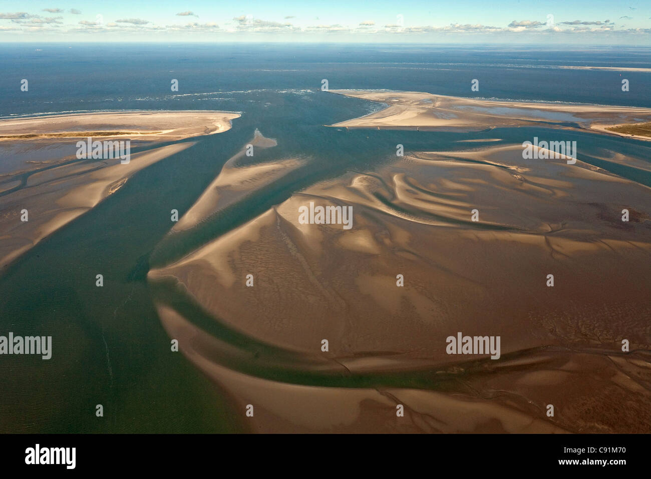 Aerial of sandbanks at the mouth of the Weser River, Lower Saxony, Germany Stock Photo