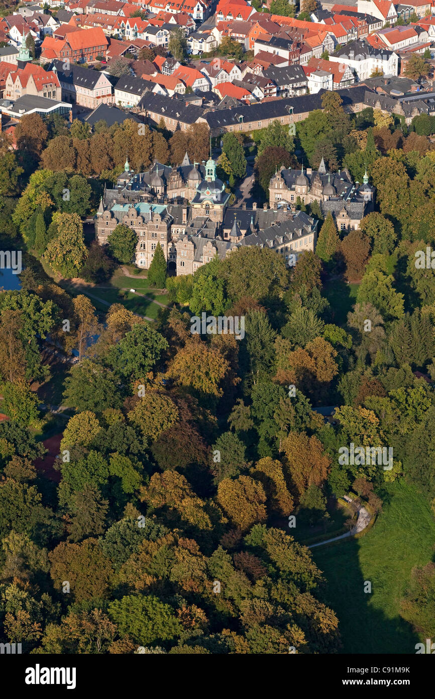 Aerial view of Bueckeburg Castle park grounds and town, Bueckeburg, Lower Saxony, Germany Stock Photo