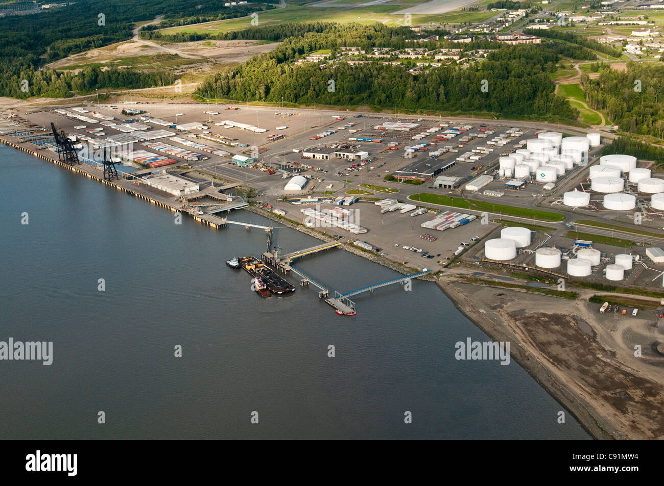 Aerial view over the port of Anchorage, Southcentral Alaska, Summer Stock Photo