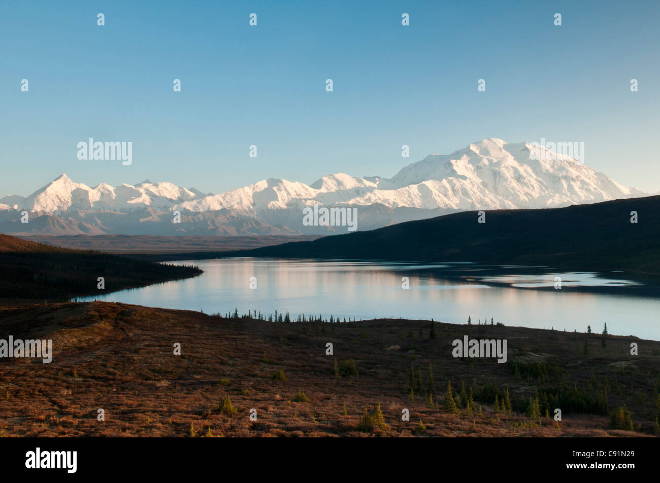 Scenic view of Wonder Lake and Mt. McKinley in Denali National Park & Preserve, Interior Alaska, Autumn Stock Photo