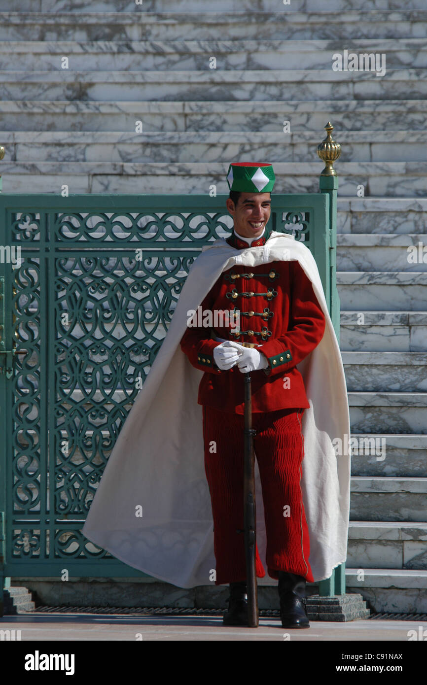 Royal guard at the entrance to the Mausoleum of King Mohammed V in Rabat, Morocco. Stock Photo