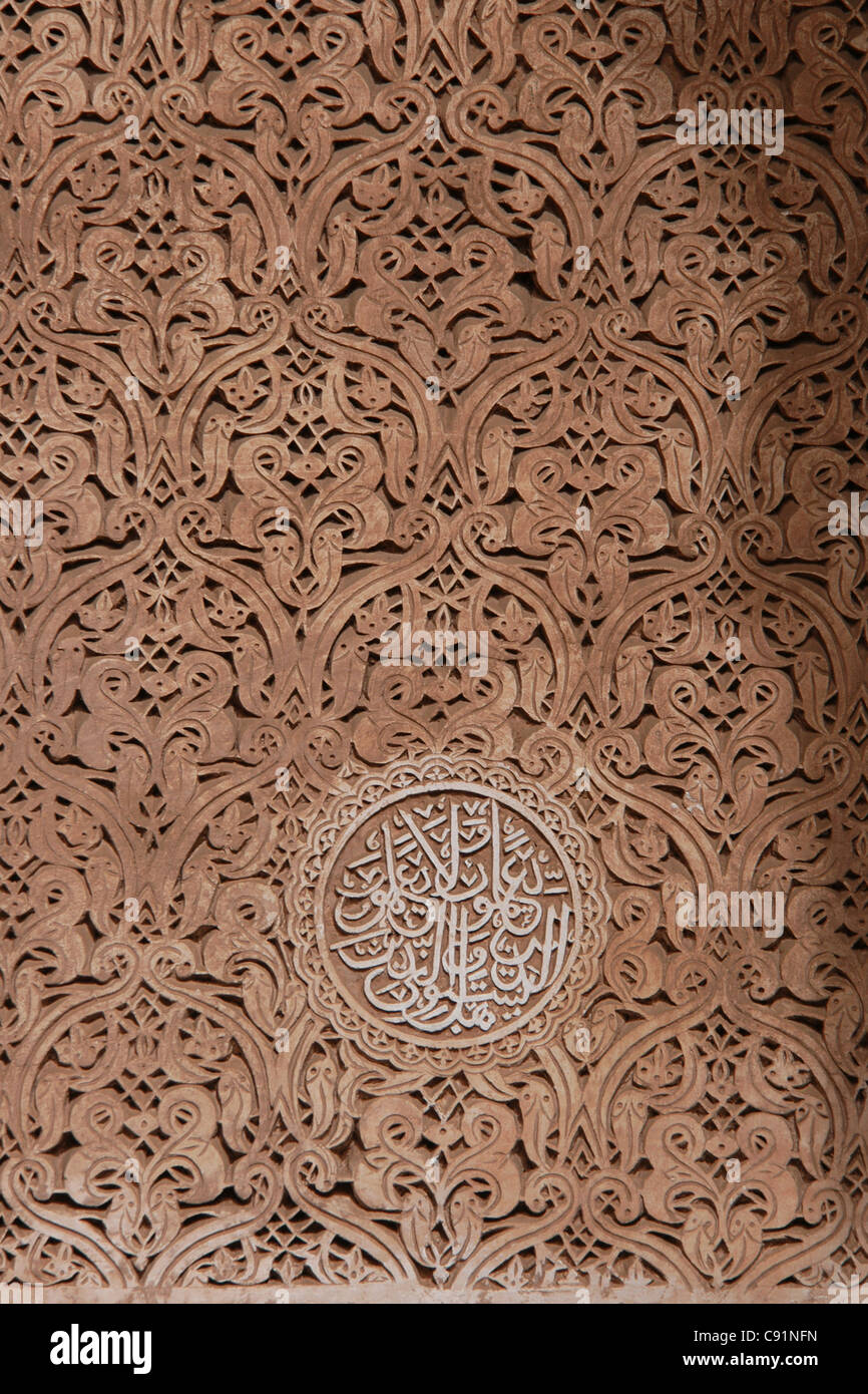 Stone carving covered the mausoleum of Sultan Ahmad al-Mansur in the Saadian tombs in Marrakech, Morocco. Stock Photo
