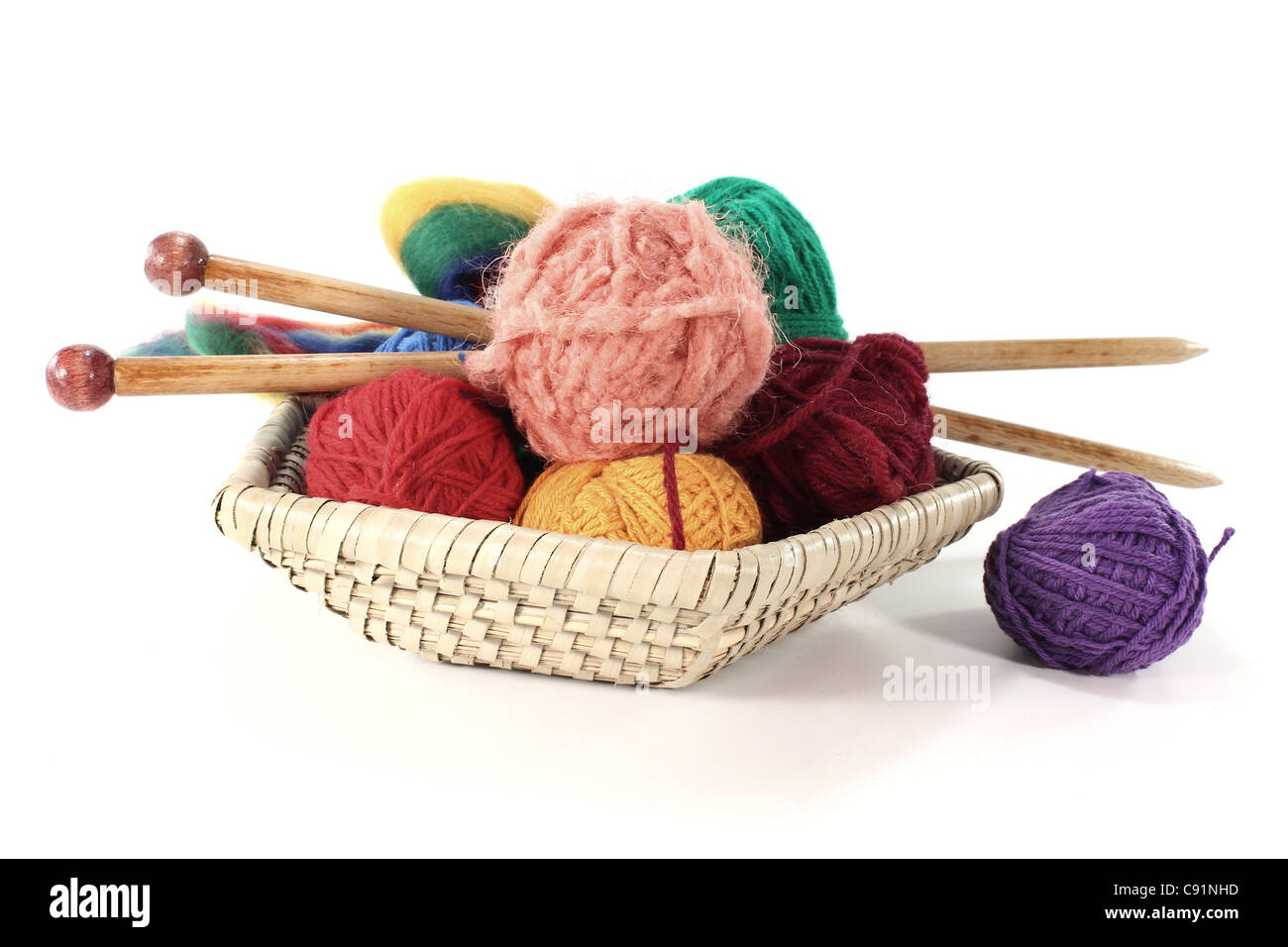 colorful ball of wool with knitting needles in a basket Stock Photo - Alamy