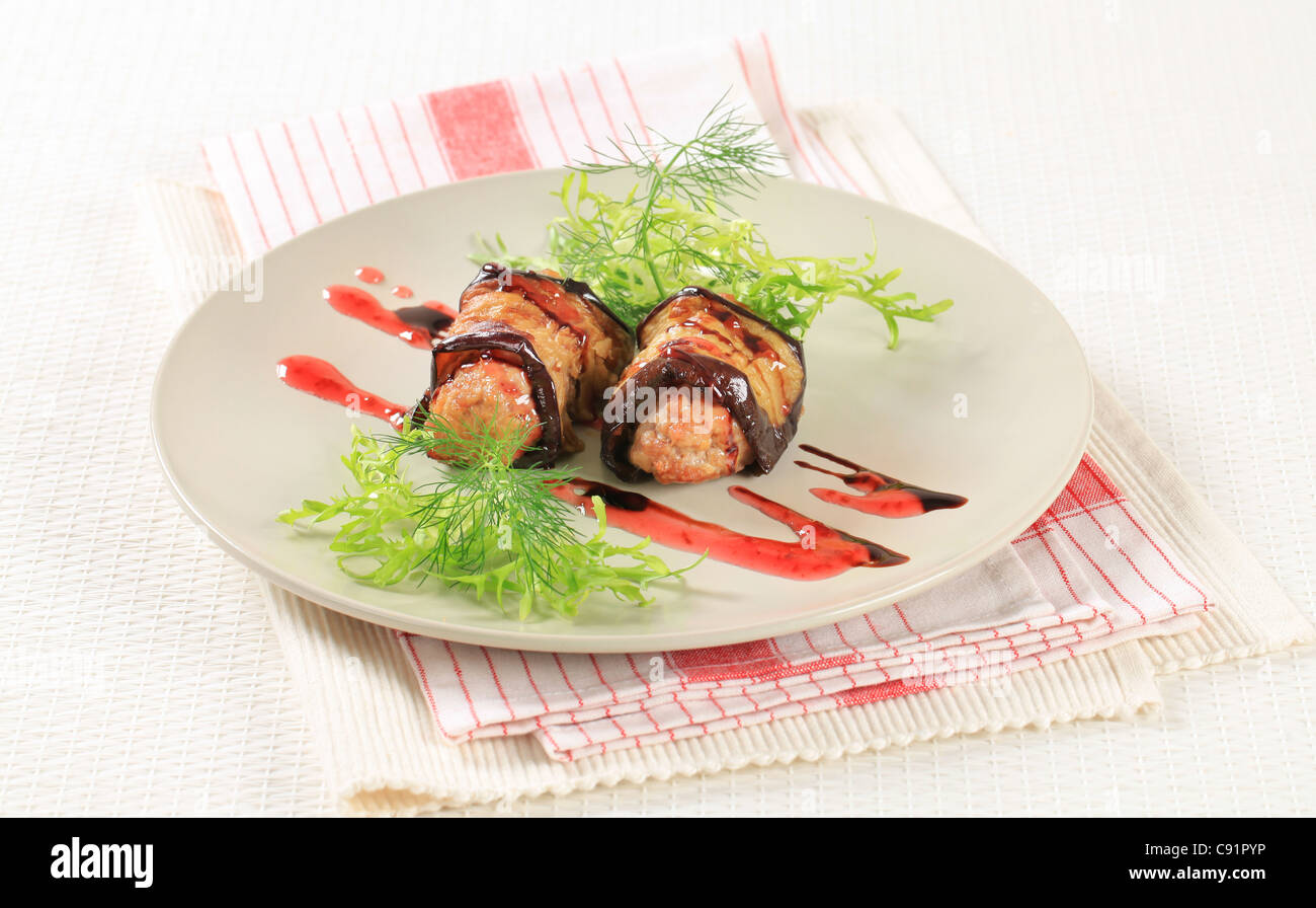 Appetizer Meatballs wrapped in slices of eggplant Stock Photo Alamy
