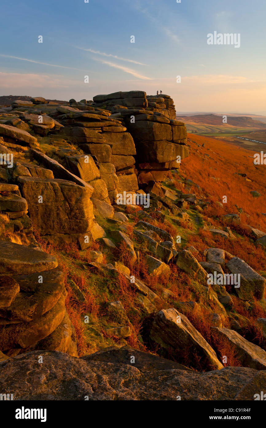 Stanage Edge escarpment and views of countryside in autumn, near Hathersage, Derbyshire, Peak district, England Stock Photo