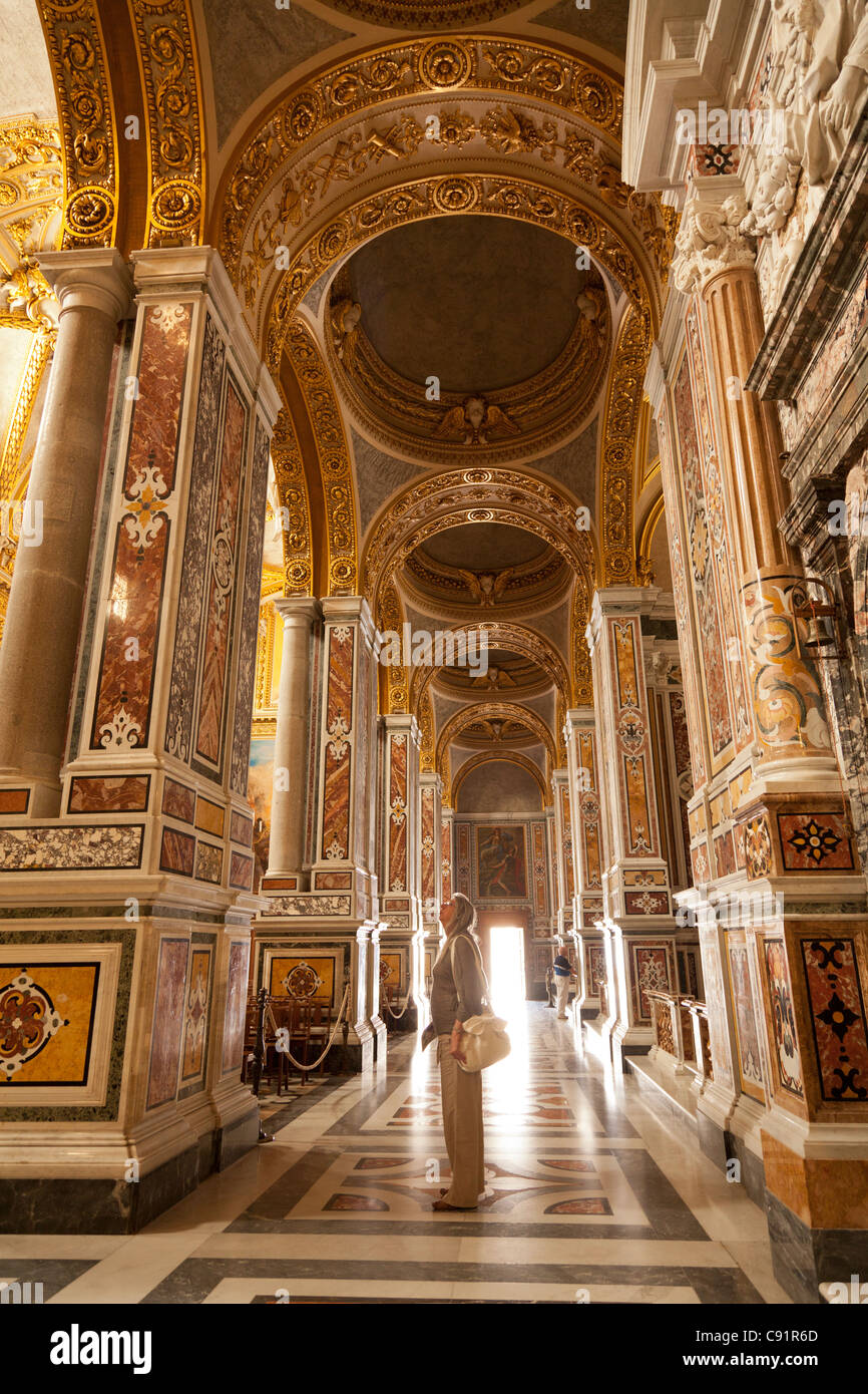 Touristic viewing the ornate interior of the Basilica Cathedral at Monte cassino Abbey. Stock Photo