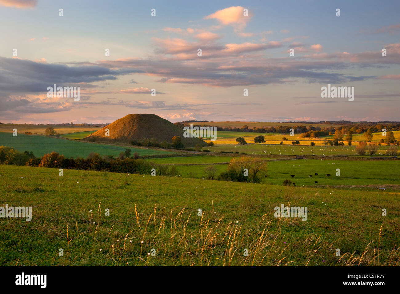 Silbury Hill Ancient Neolithic monument chalk mound near Avebury ,Wiltshire Stock Photo