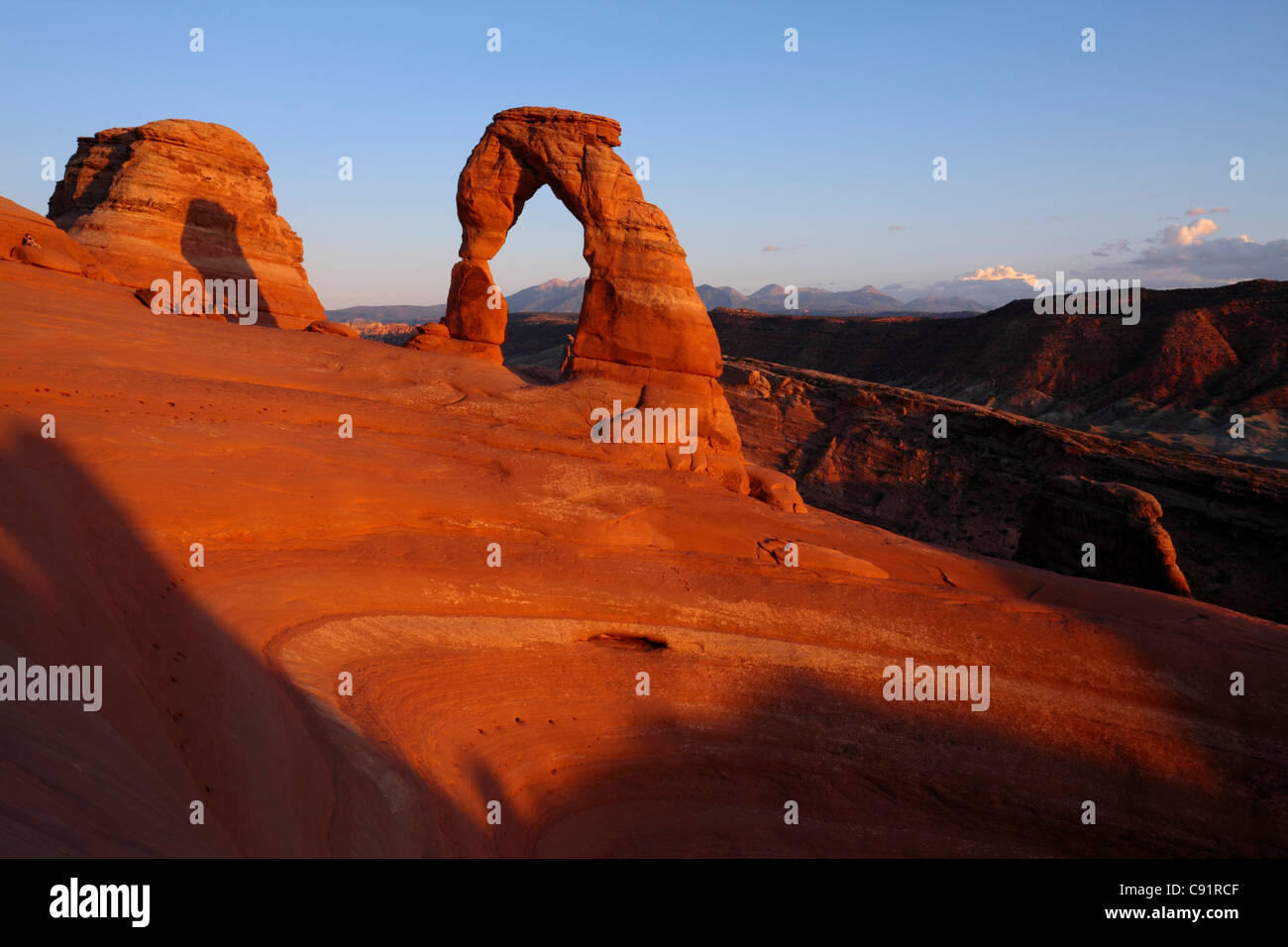 Sunset light at Delicate Arch, Arches National Park Stock Photo