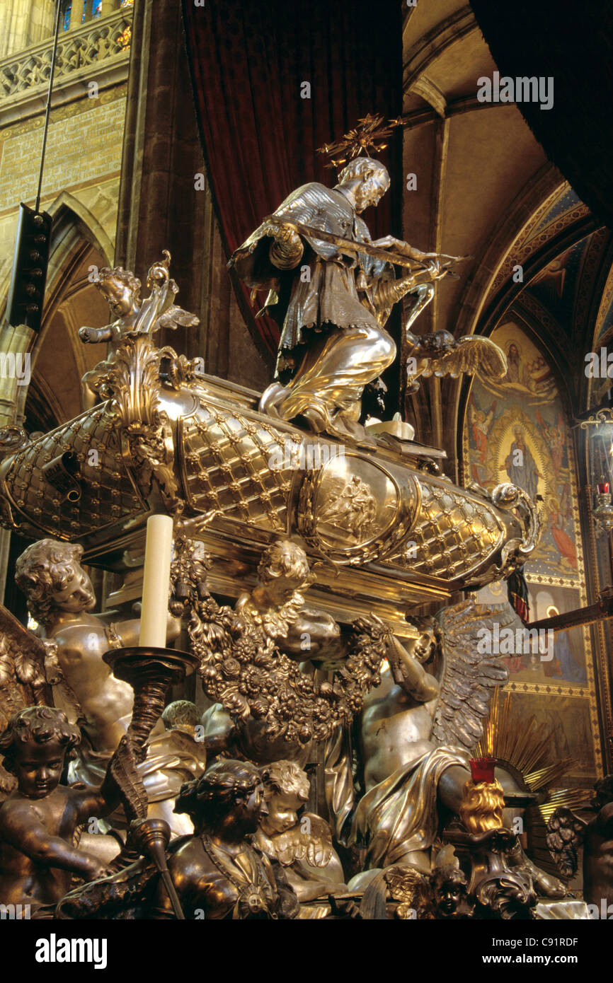 Silver tomb of St John of Nepomuk in St Vitus Cathedral in the Prague ...