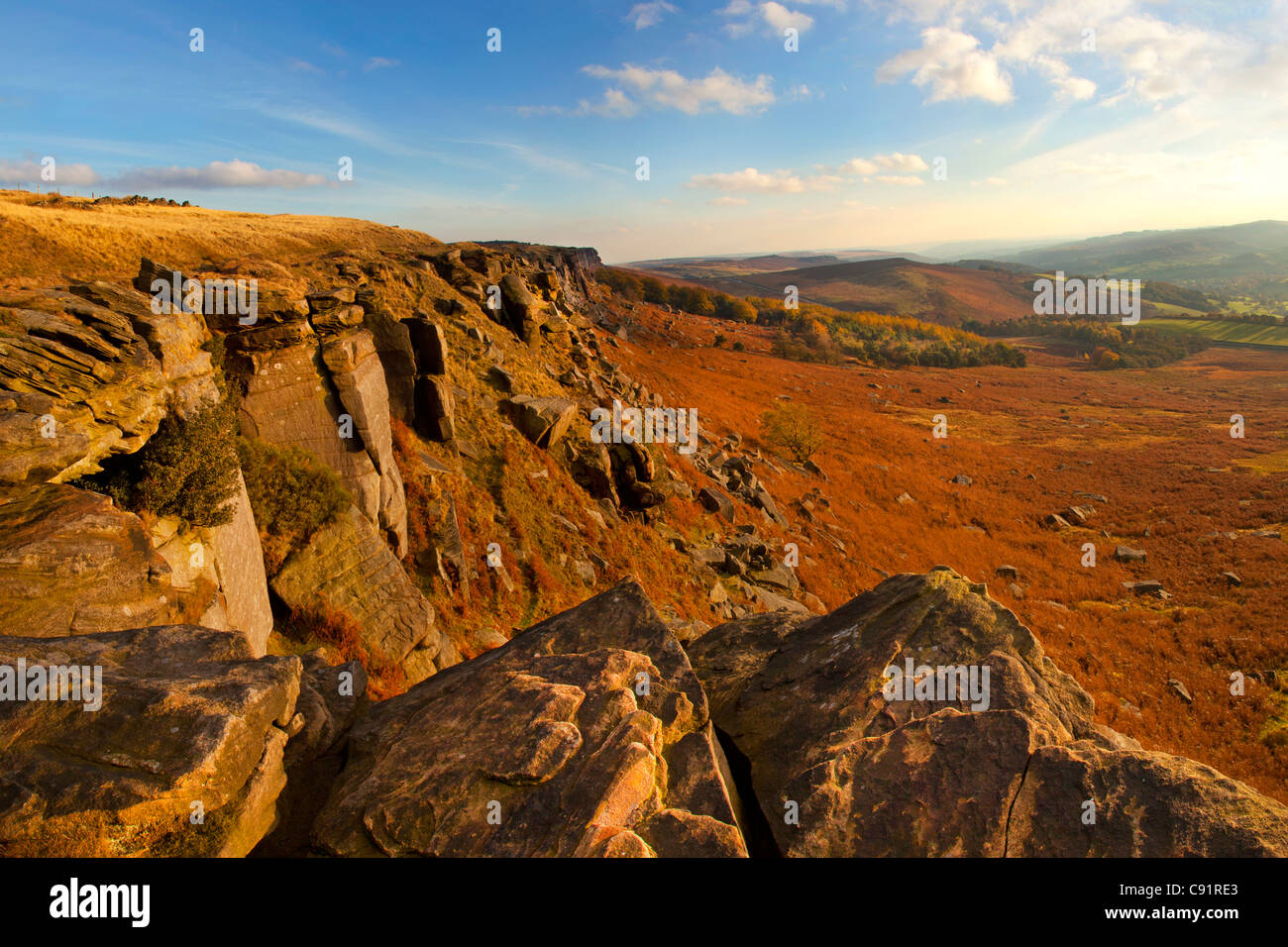 Stanage Edge escarpment and views of countryside in autumn, near Hathersage, Derbyshire, Peak district, England Stock Photo