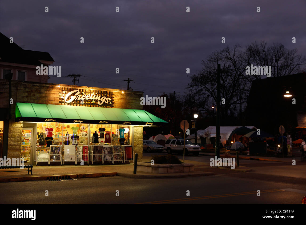 Greetings store Kirkwood Bloomington Indiana downtown night evening