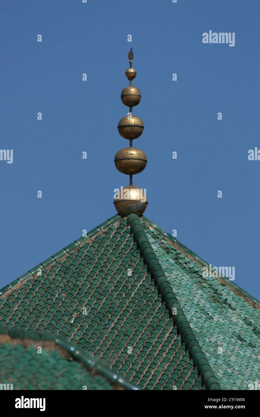 Globes at the top of the roof of the Mausoleum of Moulay Ismail in Meknes, Morocco. Stock Photo