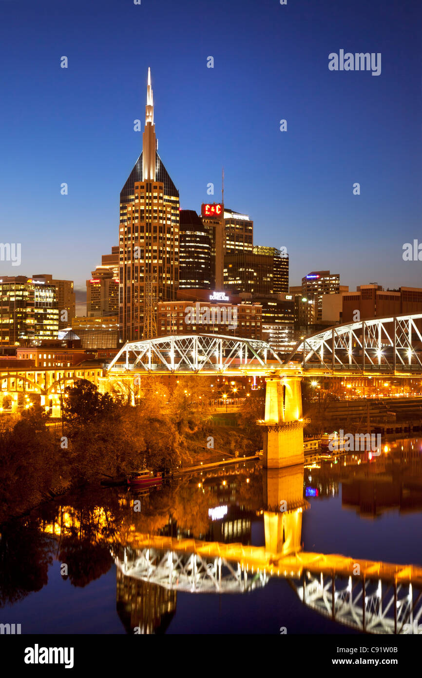 Skyline of Nashville Tennessee along the banks of the Cumberland River, USA Stock Photo