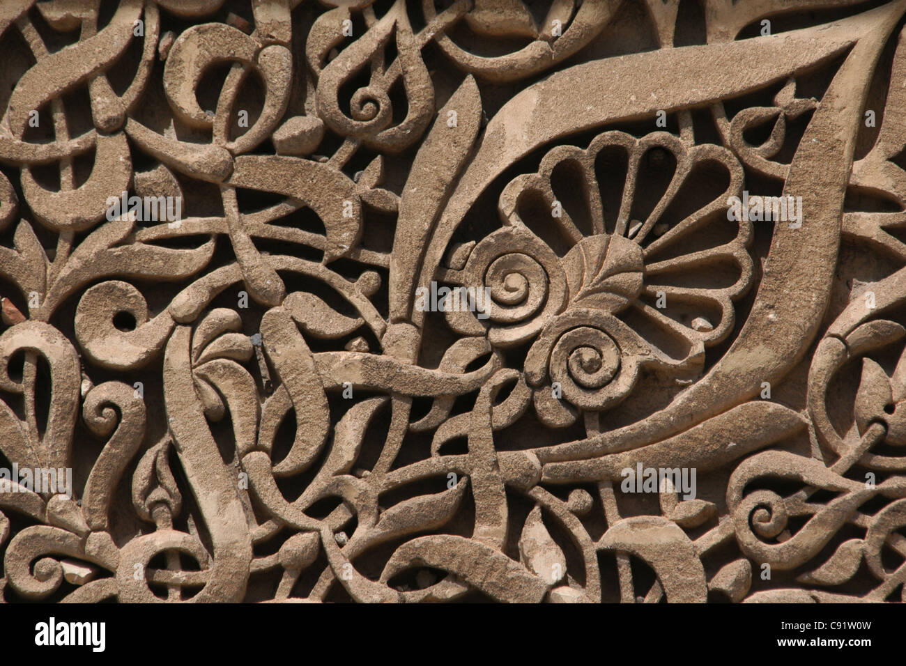 Stone carving at the main gate of the Mausoleum of Moulay Ismail in Meknes, Morocco. Stock Photo