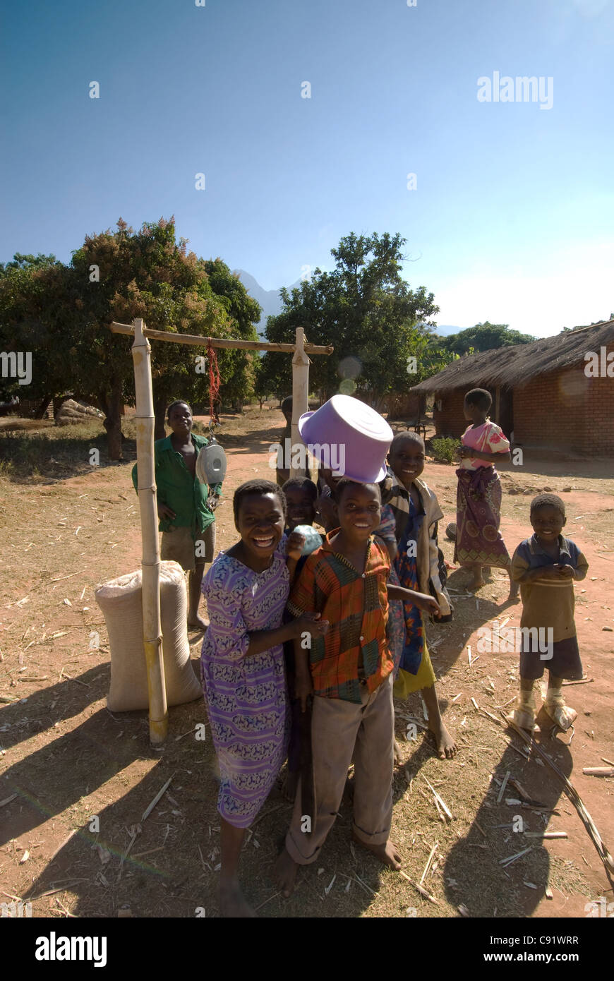 People gather around maize weighing facility in a village near Nkhulambe near the Mulanje Massif. Stock Photo