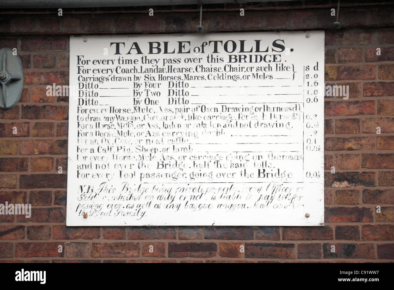 The table of tolls price list on the bridge tollhouse of the historic