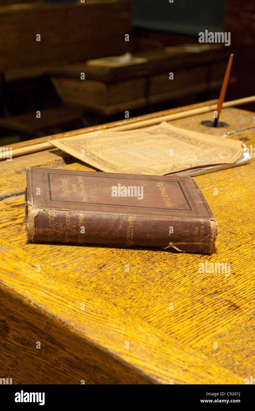 Sloping writing desks and quills were commonplace in English classrooms