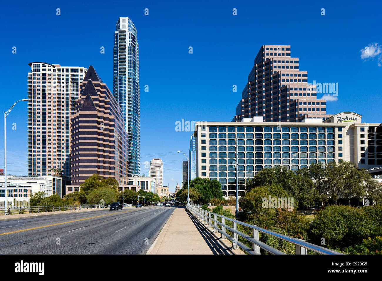 View of the downtown skyline from the bridge over Lady Bird Lake on the Colorado River, Congress Avenue, Austin, Texas, USA Stock Photo