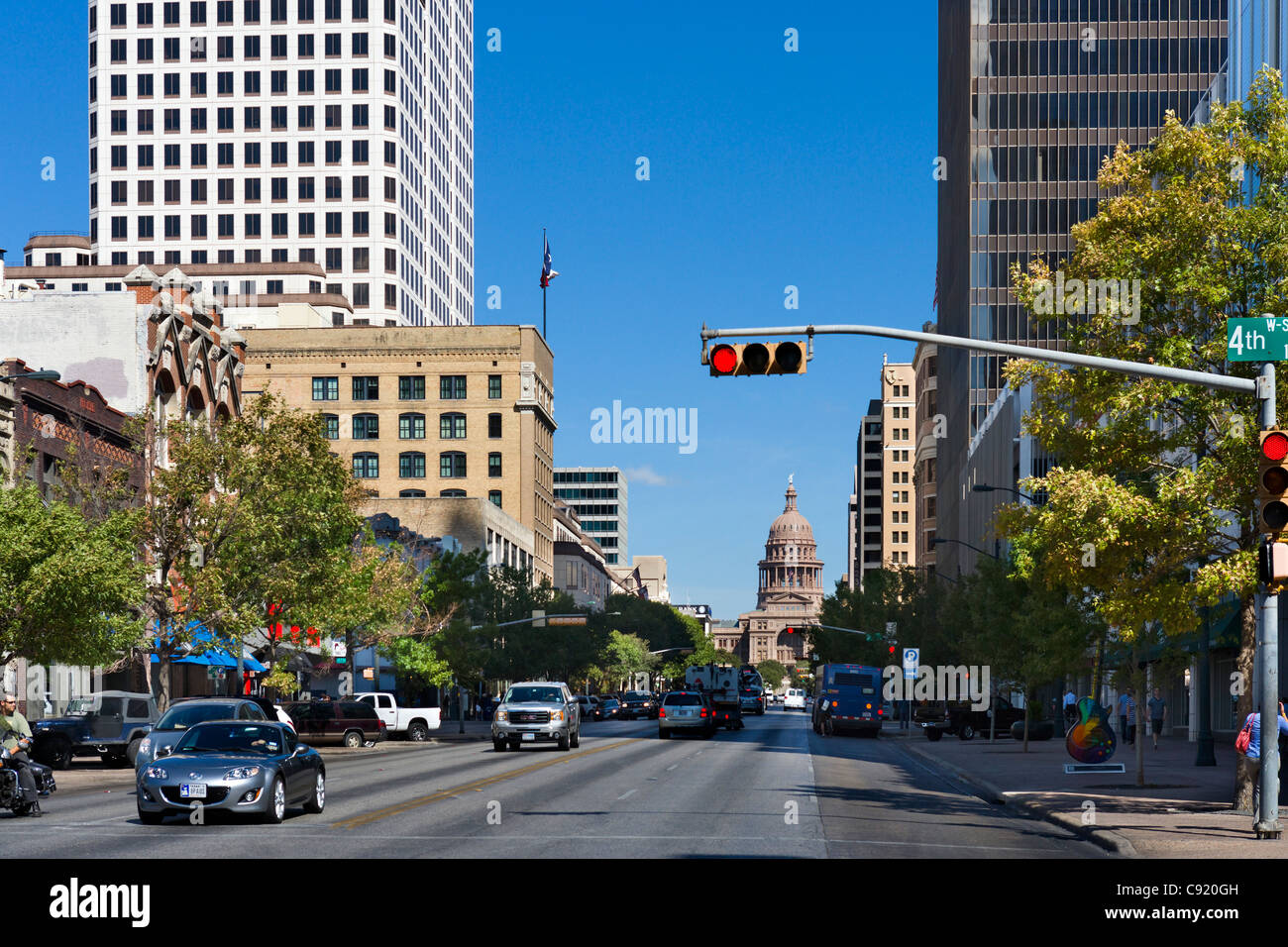 View down Congress Avenue towasrds the State Capitol Building in historic downtown Austin, Texas, USA Stock Photo