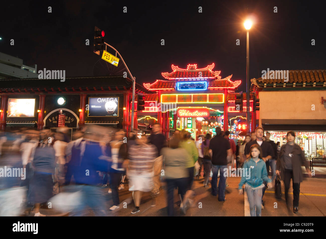 Large crowds in the evening at Los Angeles Chinatown during Summer