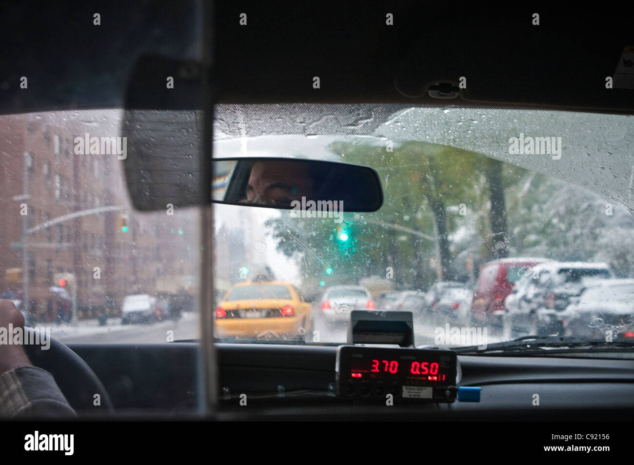 NYC taxi cab interior meter. Stock Photo