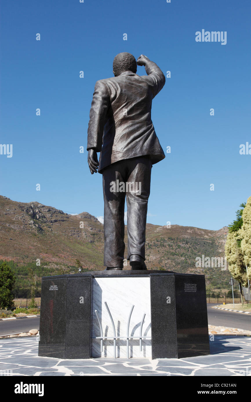 Outside Drakenstein Prison is a statue of Nelson Mandela where he spent the last 3 years of his 27 year sentence for Stock Photo