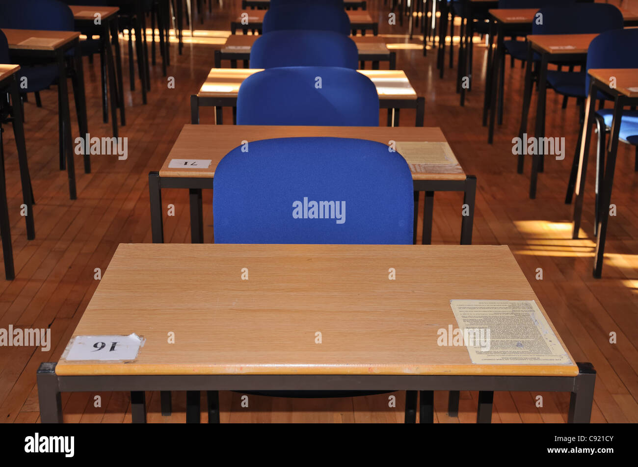 Desks and chairs in neat rows in an examination room at Glasgow