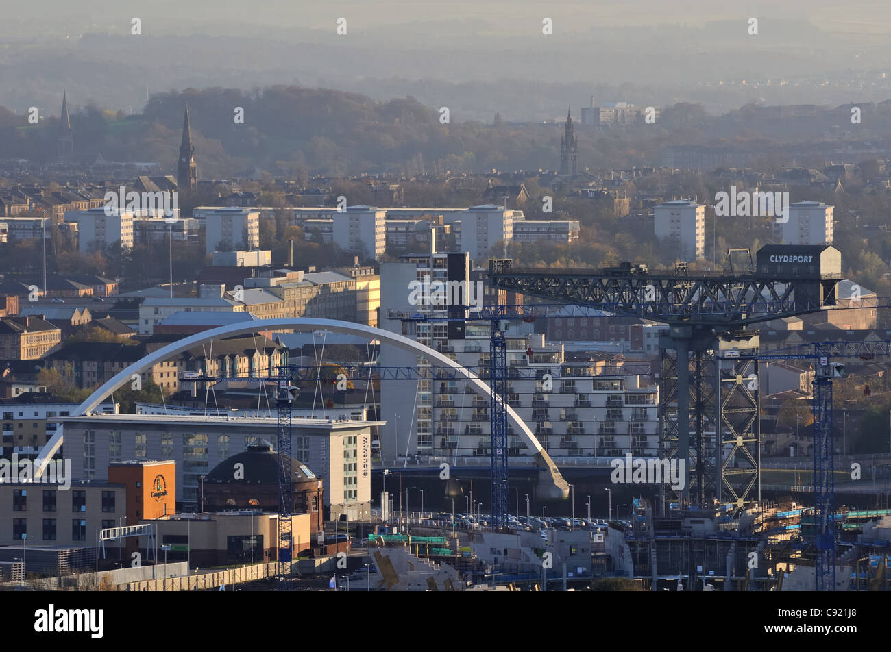 View south over Glasgow to the Clyde Arc, Finnieston Crane, rotunda and beyond. Stock Photo