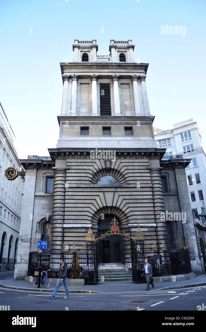 The church of St Mary Woolnoth of the Nativity is on the site of at least previous churches, in the City of London. Stock Photo
