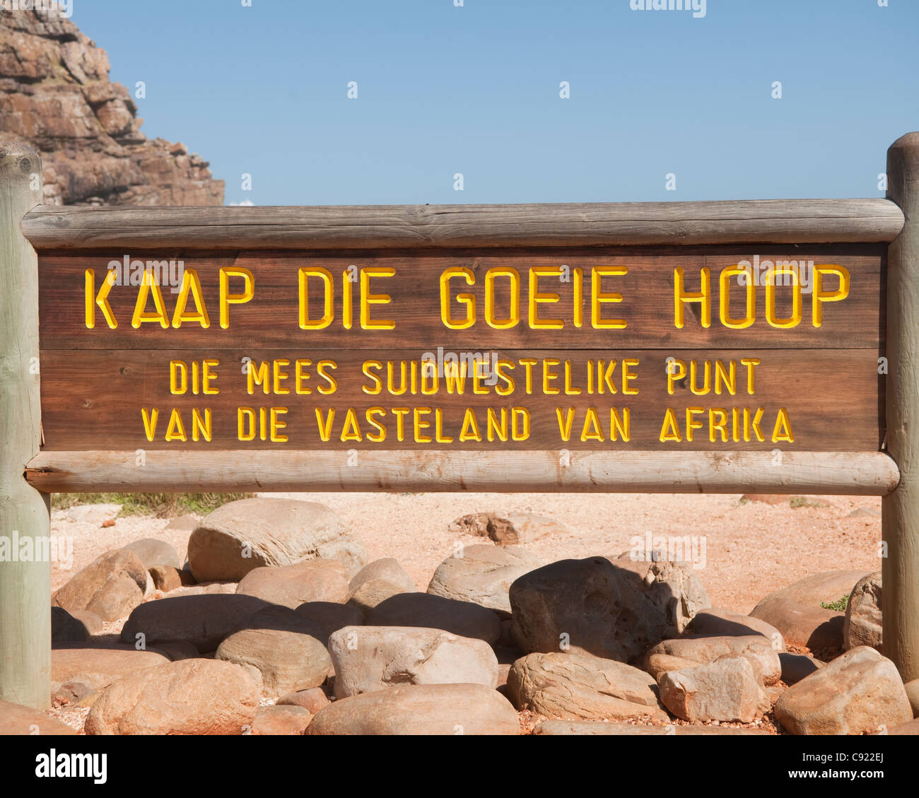 The Cape of Good Hope die Kaap van Goeie Hoop is at the south-west corner of the Cape Peninsula about 2.3 kilometres (1.4 Stock Photo