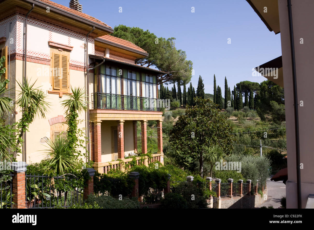 Tuscan villas on the hillside at Montecatini Terme are built to take advantage of the height and cool breeze on the hillside. Stock Photo