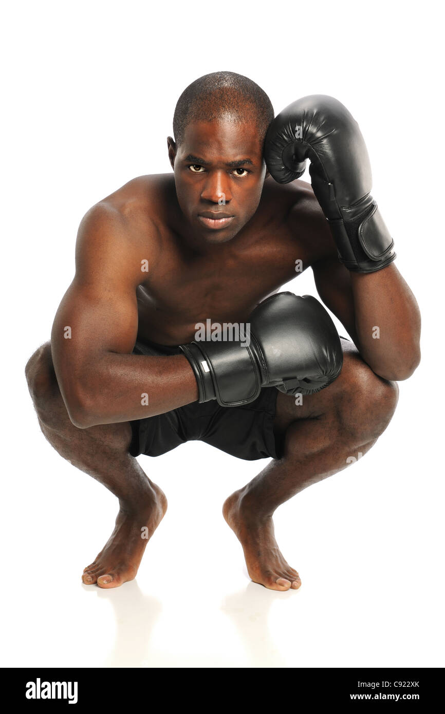 African American fighter with fighting gloves isolated over white background Stock Photo