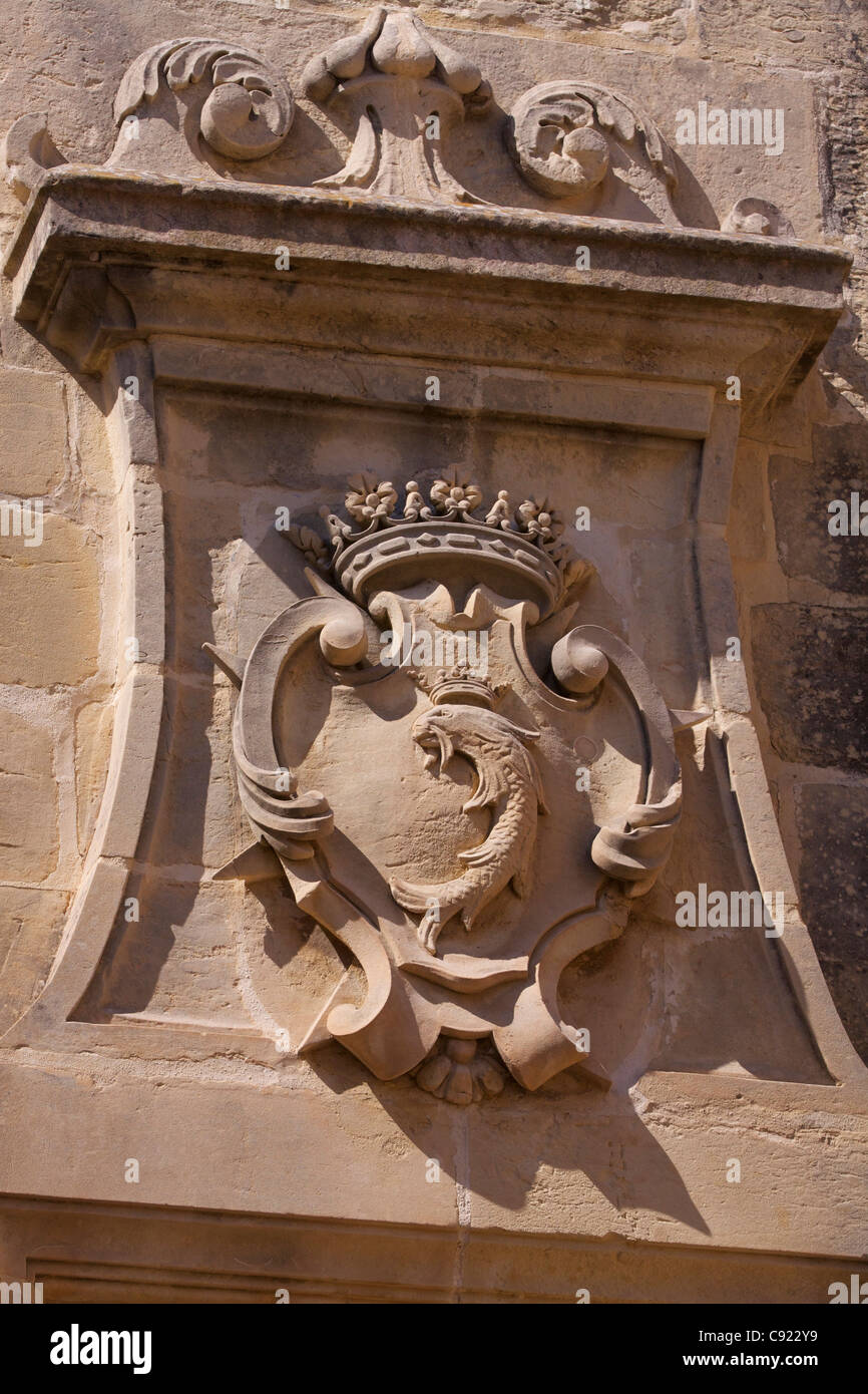 Carved sandstone coat of arms in the Upper Barracca Gardens in Valletta