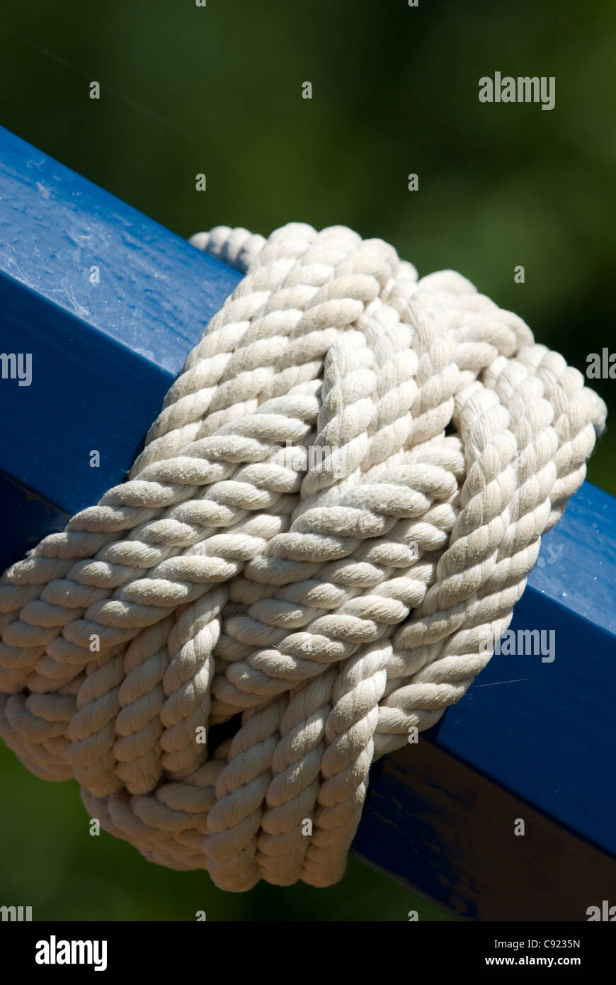 Grand Union Canal. Decorative ropework on the tiller of a narrowboat at the Braunston Historic Narrowboat Rally 2011. Stock Photo