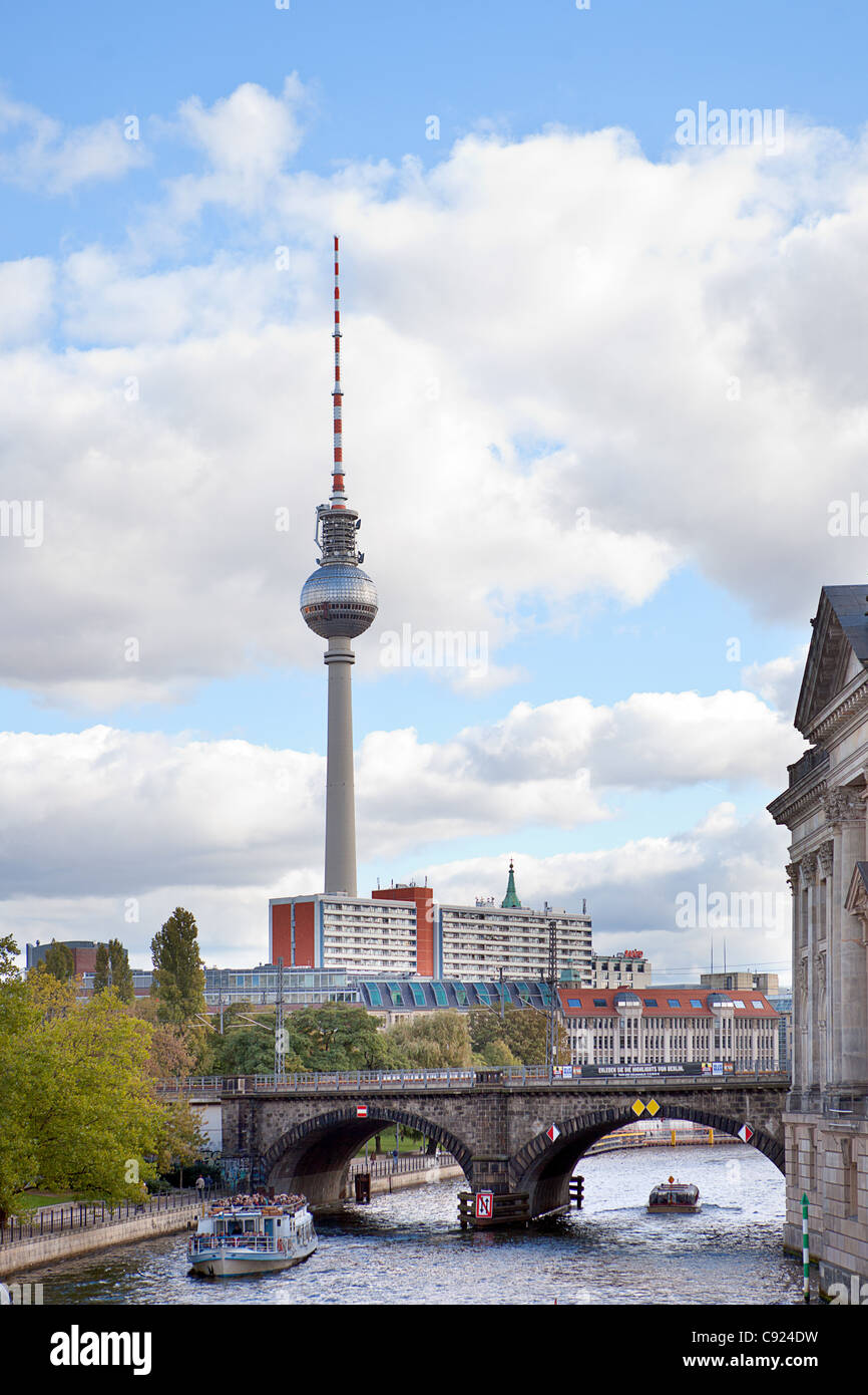 Spree river canal and Tv tower in the background, Berlin, Germany. Stock Photo
