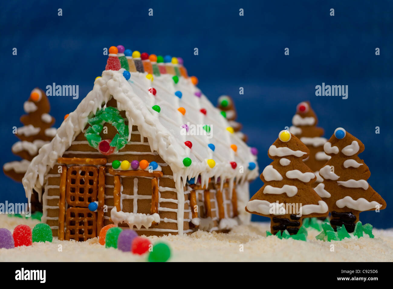 Close up of log cabin gingerbread house scene Stock Photo Alamy