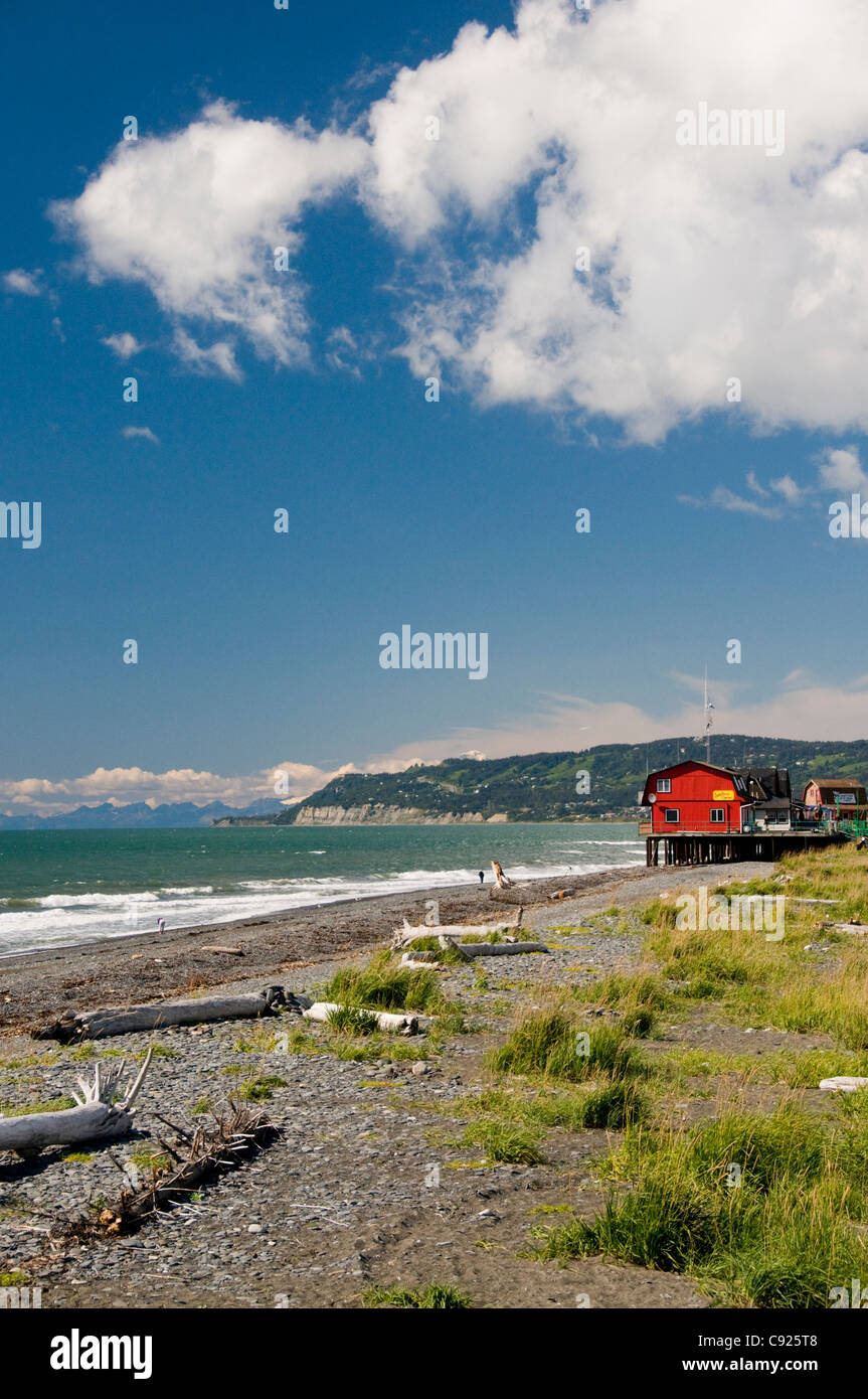 Scenic view of Kachemak Bay and businesses along the Homer boardwalk