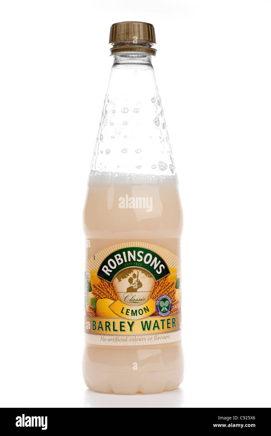 Part emptied bottle of Robinsons lemon barley water Stock Photo
