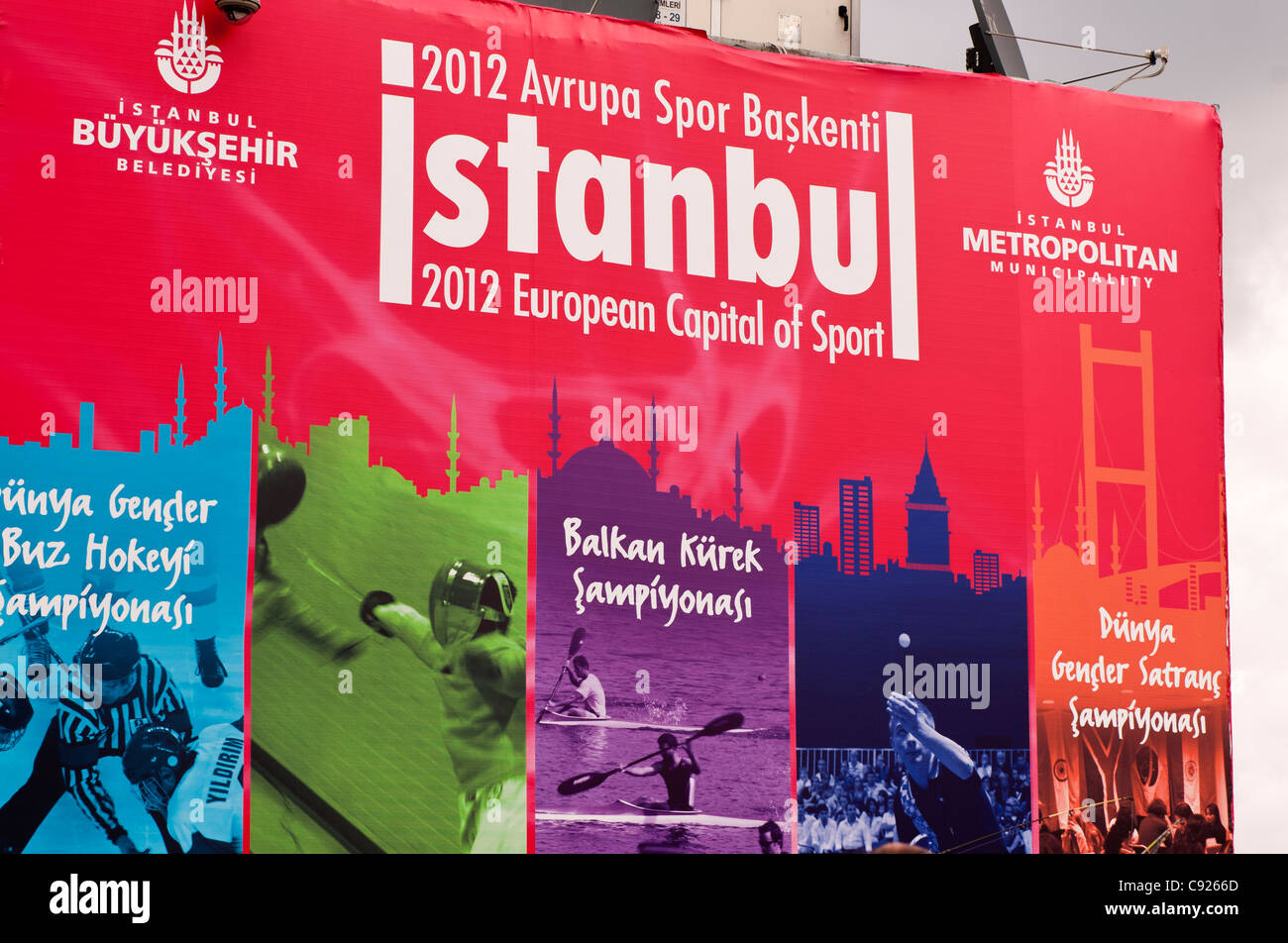 "Istanbul 2012 European Capital of Sport" sign on the Galata Bridge, Istanbul, Turkey Stock Photo