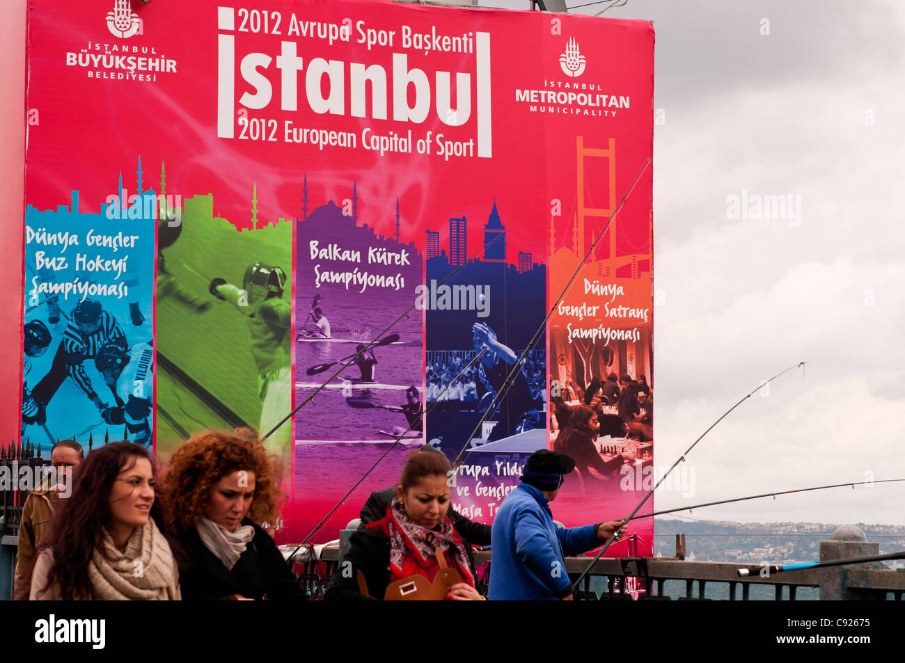 "Istanbul 2012 European Capital of Sport" sign on the Galata Bridge, Istanbul, Turkey Stock Photo