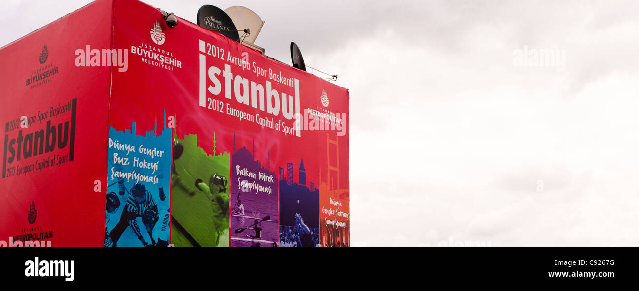 "Istanbul 2012 European Capital of Sport" sign on the Galata Bridge, Istanbul, Turkey Stock Photo