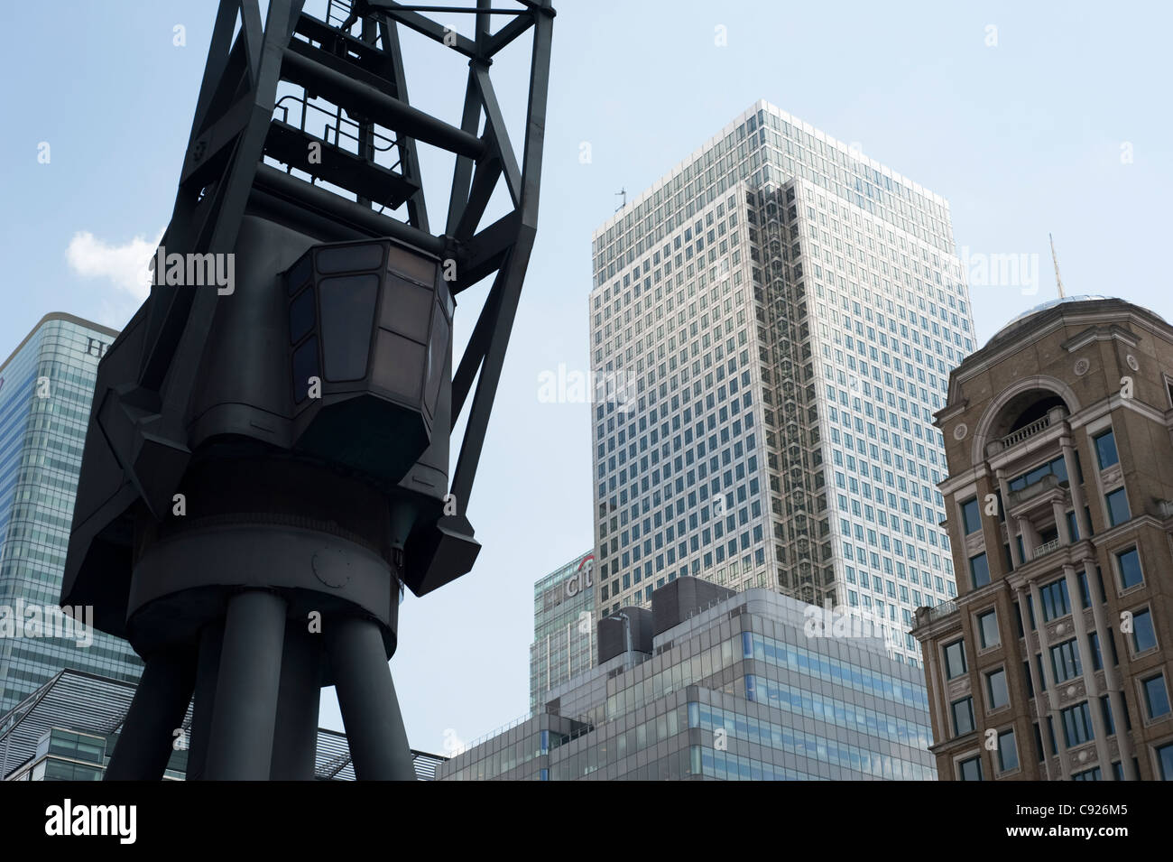 Old cranes by the side of the North Quay looking towards Canary Wharf ...