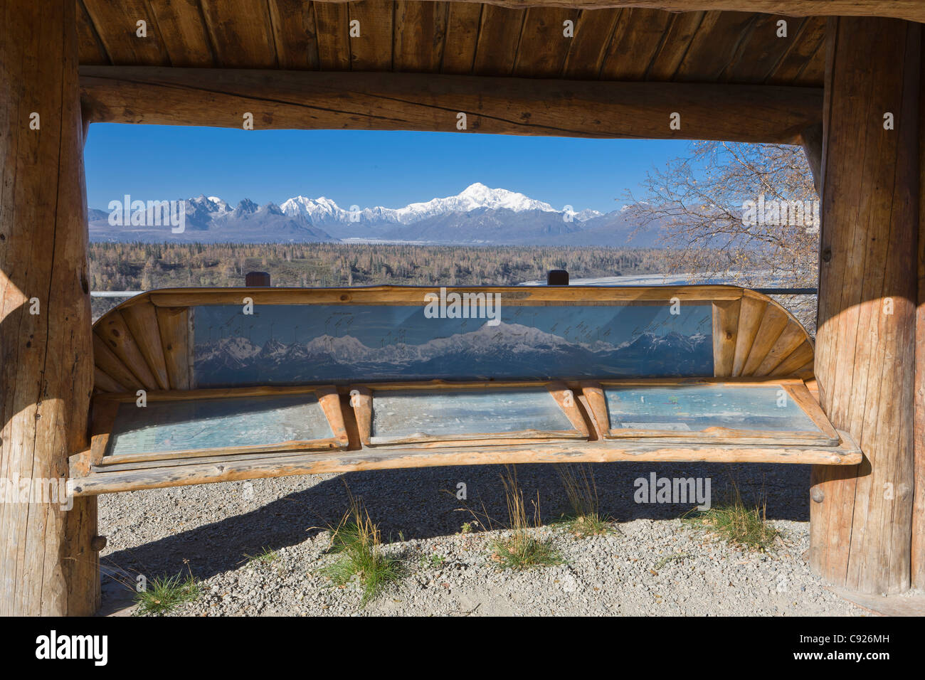 Scenic view of Mt. McKinley and the Alaska Range from an overlook kiosk at mile 135 along the Parks Highway, Southcentral Alaska Stock Photo